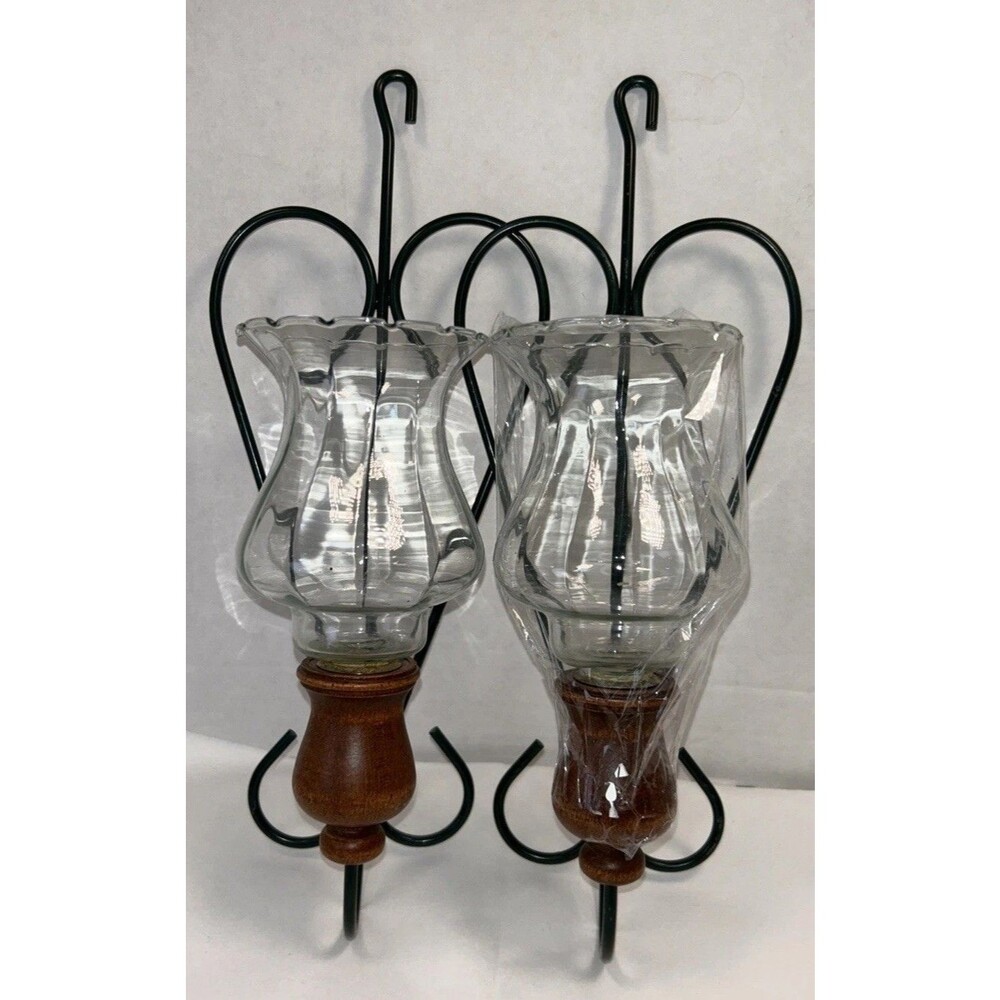 2 Vtg Green Metal Wood Heart Wall Taper Candle Sconces 14” Glass Globes Country